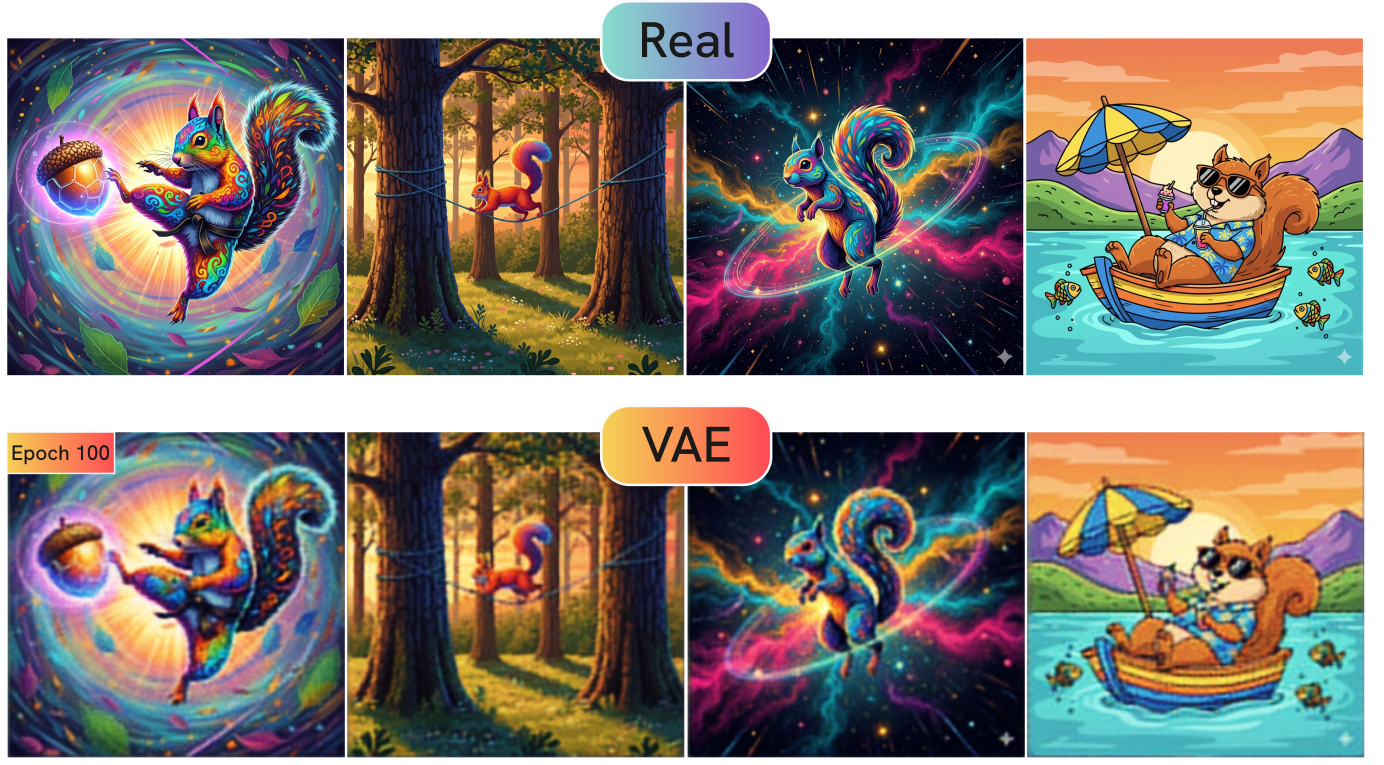 Images of squirrels and generated ones with VAEs. The generated ones are very similar to the ground truth ones.